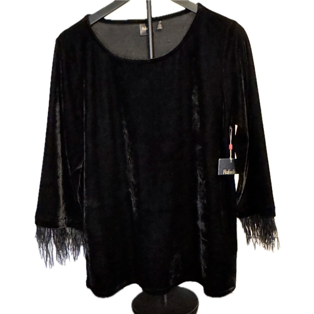 Rafaella Black Velour ¾ Sleeve Fringe Top Women's L NWT‎ Elegant Holiday